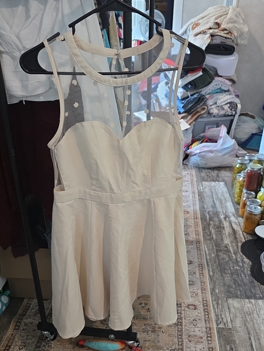 Sleeveless Cream Mesh Yoke Fit & Flare Dress